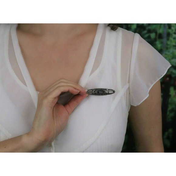 Sterling Silver Marcasite and Onyx Bar Pin Brooch - Picture 3 of 7